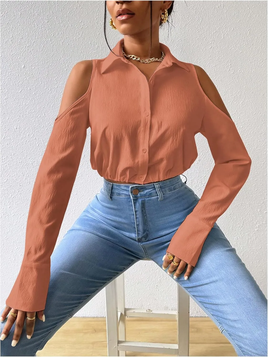SweatyRocks Women's Cold Shoulder Long Sleeve Button Down Collared Cropped Blouses
