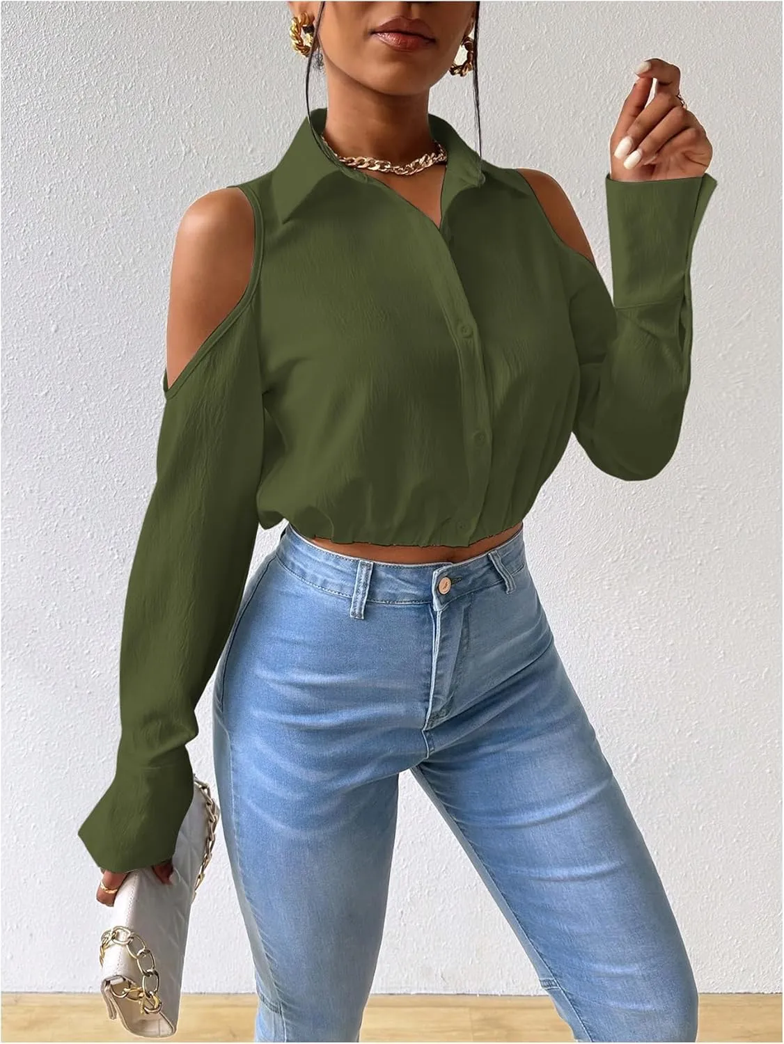 SweatyRocks Women's Cold Shoulder Long Sleeve Button Down Collared Cropped Blouses