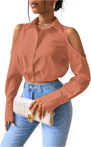 SweatyRocks Women's Cold Shoulder Long Sleeve Button Down Collared Cropped Blouses