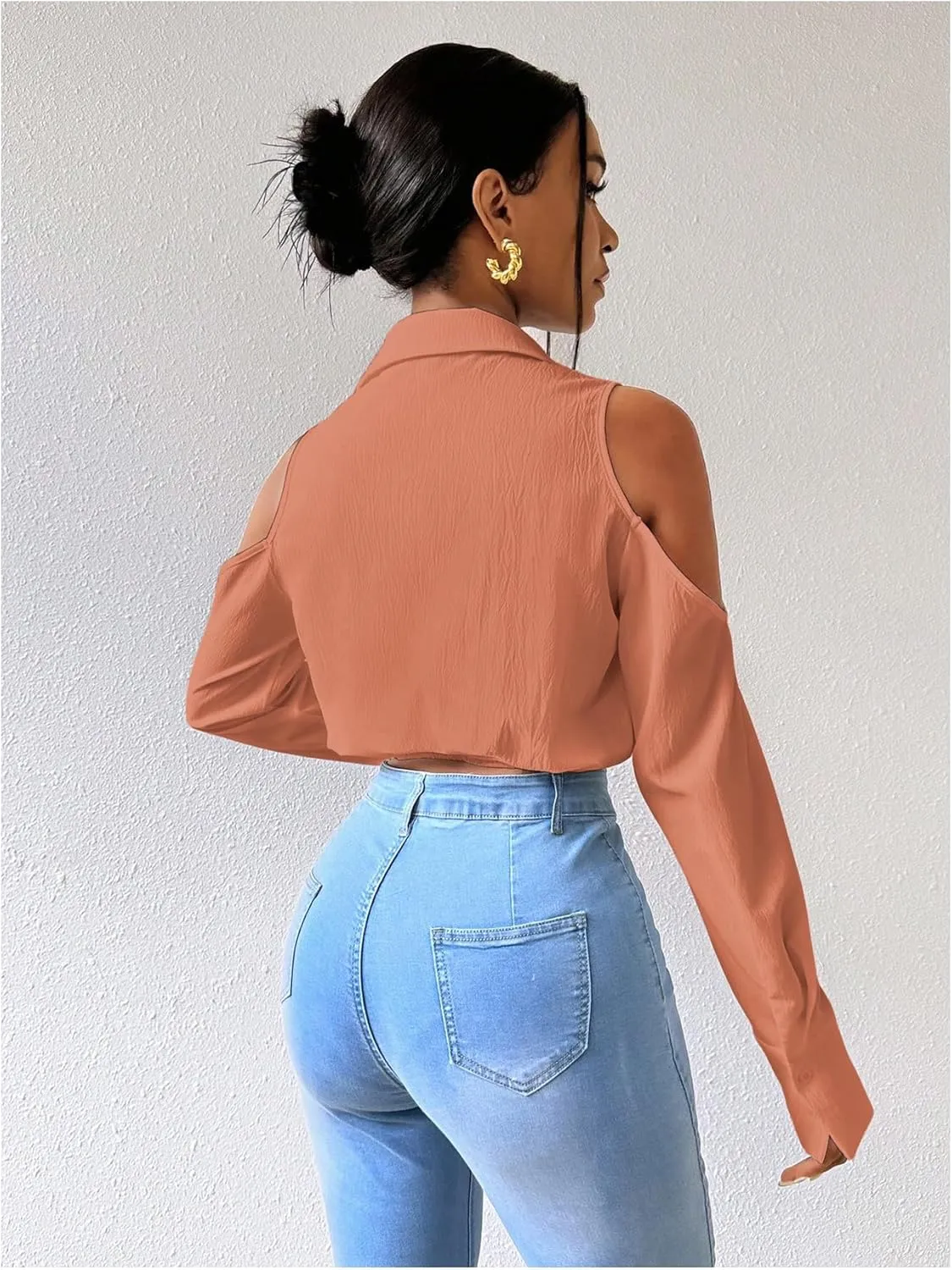 SweatyRocks Women's Cold Shoulder Long Sleeve Button Down Collared Cropped Blouses