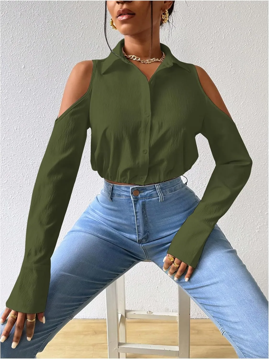 SweatyRocks Women's Cold Shoulder Long Sleeve Button Down Collared Cropped Blouses
