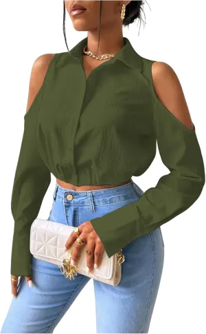 SweatyRocks Women's Cold Shoulder Long Sleeve Button Down Collared Cropped Blouses