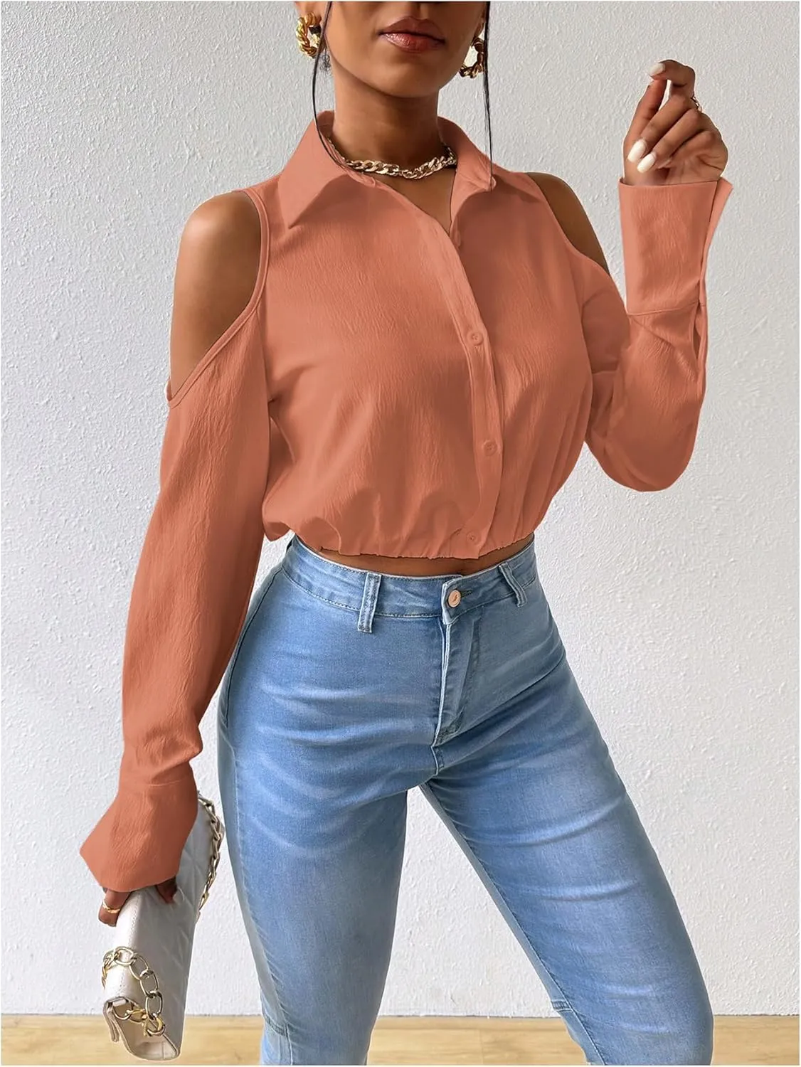 SweatyRocks Women's Cold Shoulder Long Sleeve Button Down Collared Cropped Blouses