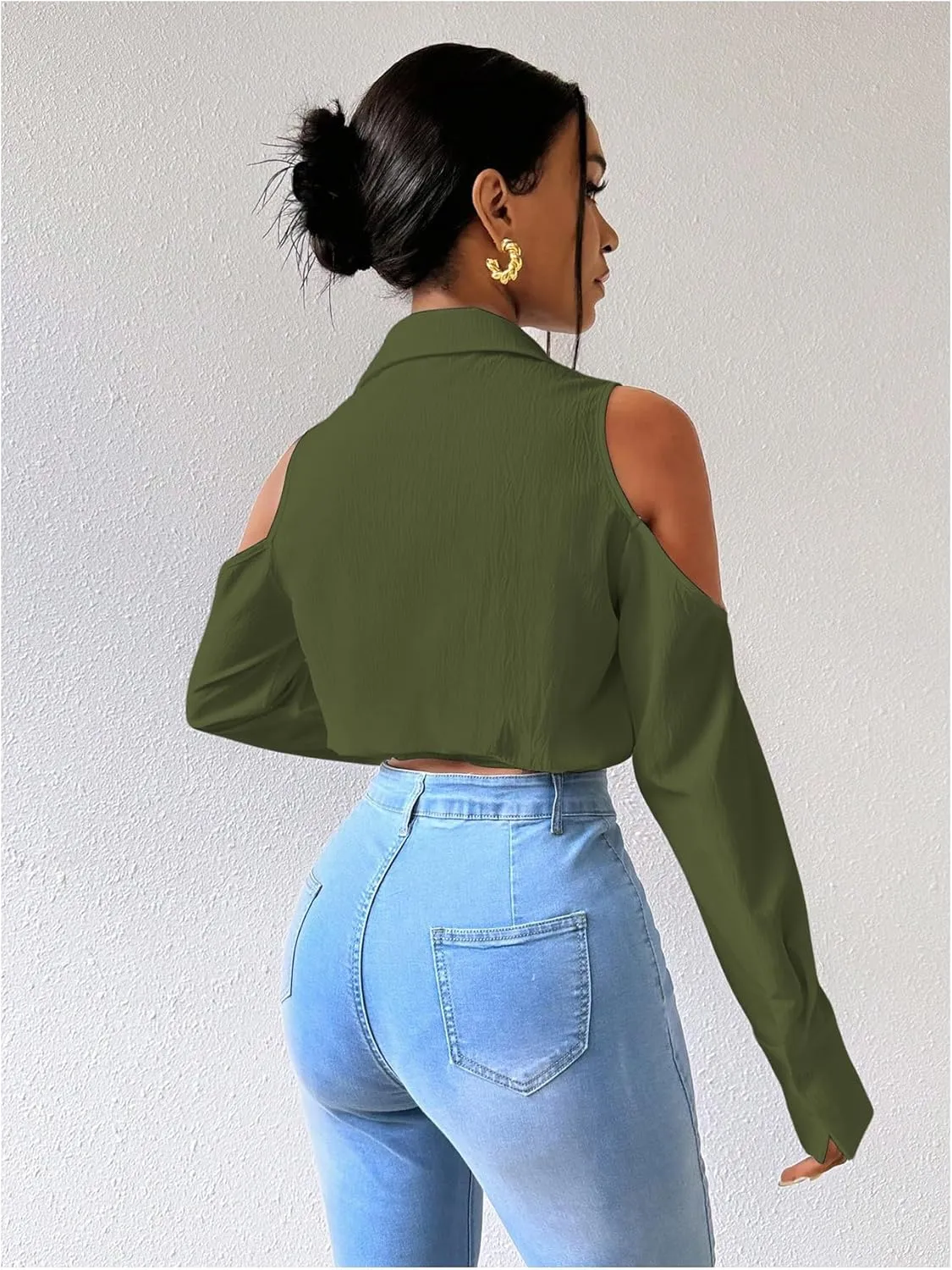SweatyRocks Women's Cold Shoulder Long Sleeve Button Down Collared Cropped Blouses
