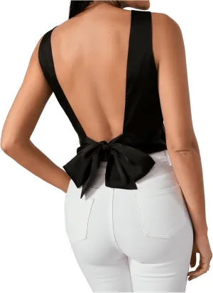 SweatyRocks Women's Tie Backless Round Neck Satin Blouses Shirts Ruched Sleeveless Tank Top
