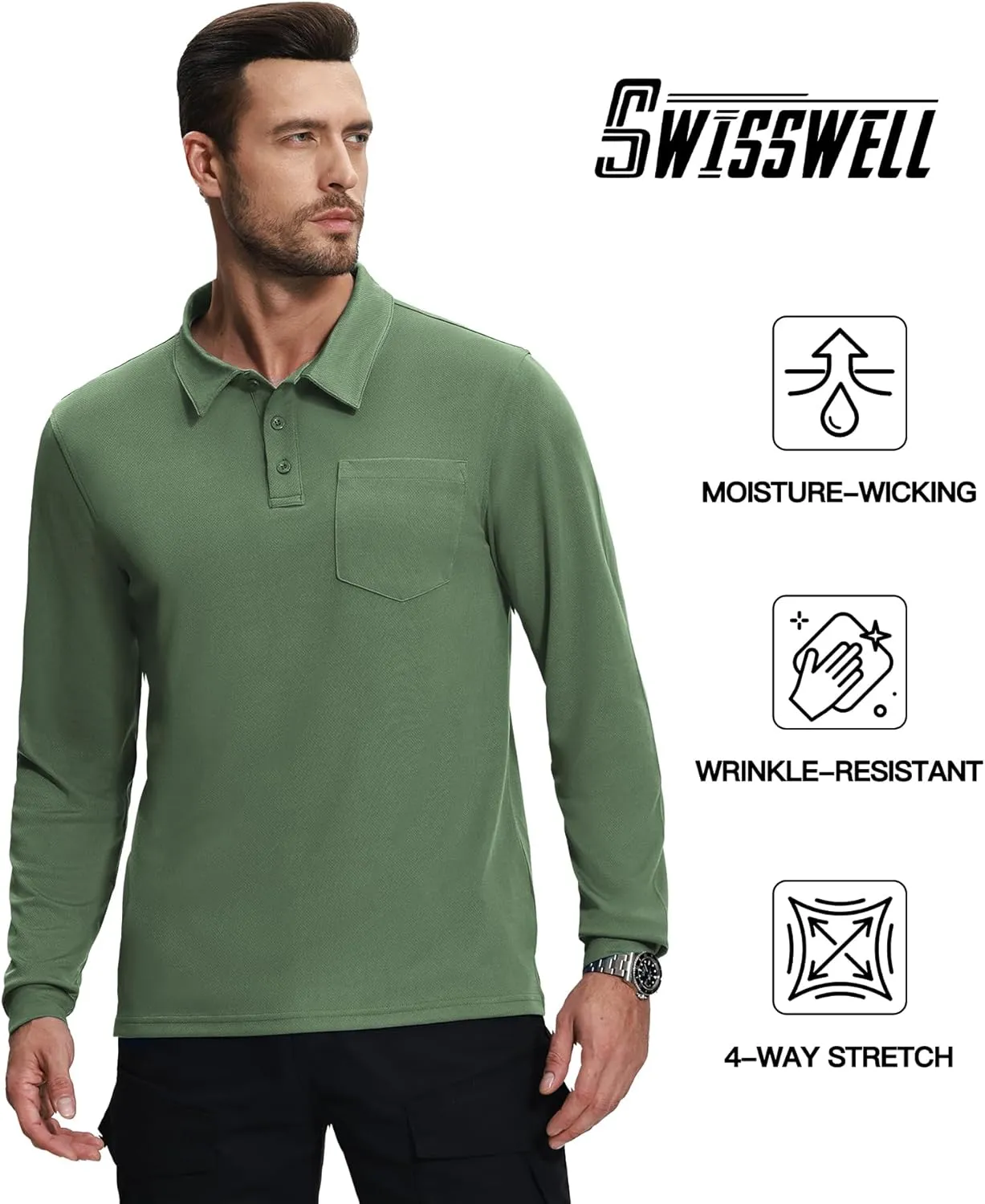 SWISSWELL Long Sleeve Polo Shirts for Men with Pocket 3 Pack Collared Moisture Wicking Performance Golf Shirts