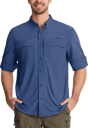 TACVASEN Men's Fishing Shirts Long Sleeve Sun Protection UPF50  Quick Dry Button Down Shirts with Zipper Pockets
