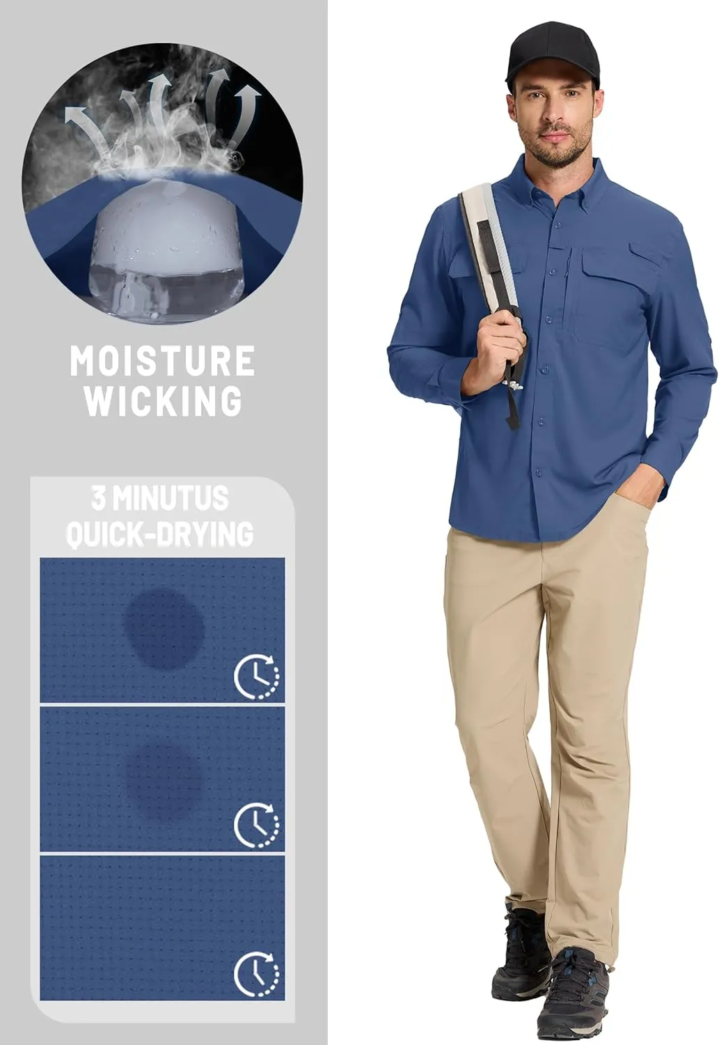TACVASEN Men's Fishing Shirts Long Sleeve Sun Protection UPF50  Quick Dry Button Down Shirts with Zipper Pockets