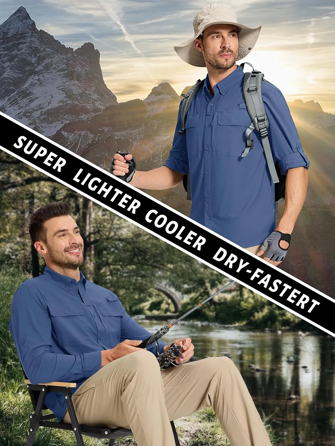 TACVASEN Men's Fishing Shirts Long Sleeve Sun Protection UPF50  Quick Dry Button Down Shirts with Zipper Pockets