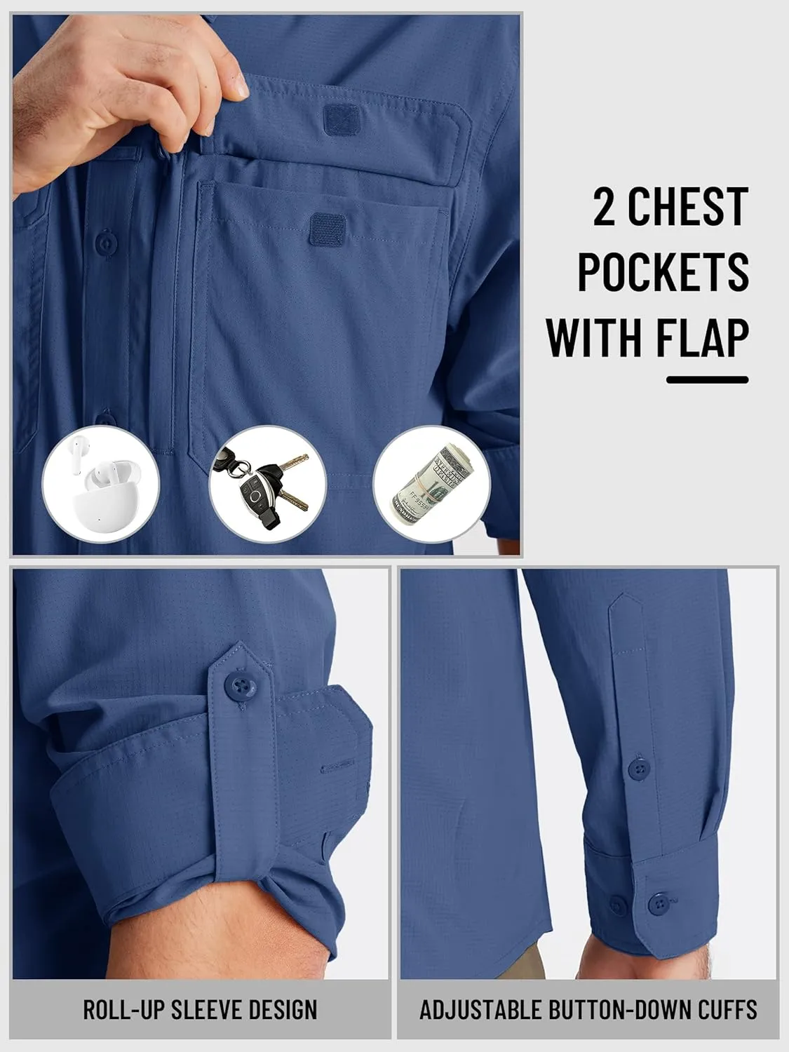 TACVASEN Men's Fishing Shirts Long Sleeve Sun Protection UPF50  Quick Dry Button Down Shirts with Zipper Pockets