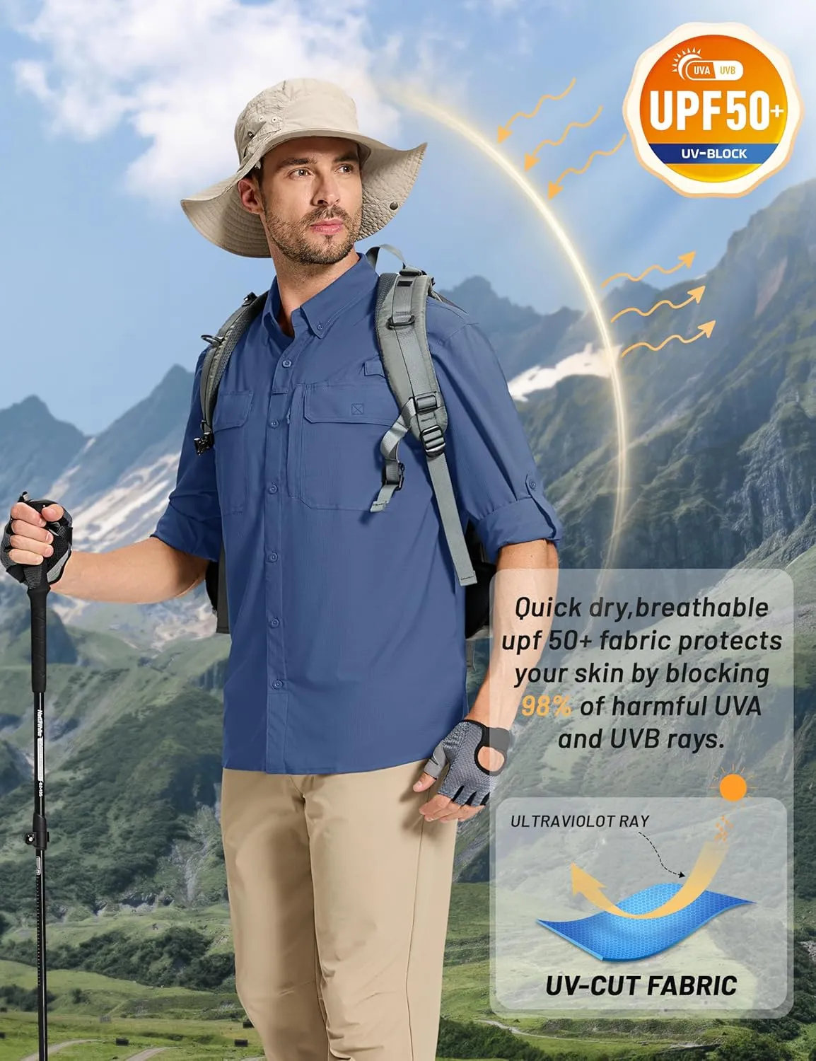 TACVASEN Men's Fishing Shirts Long Sleeve Sun Protection UPF50  Quick Dry Button Down Shirts with Zipper Pockets