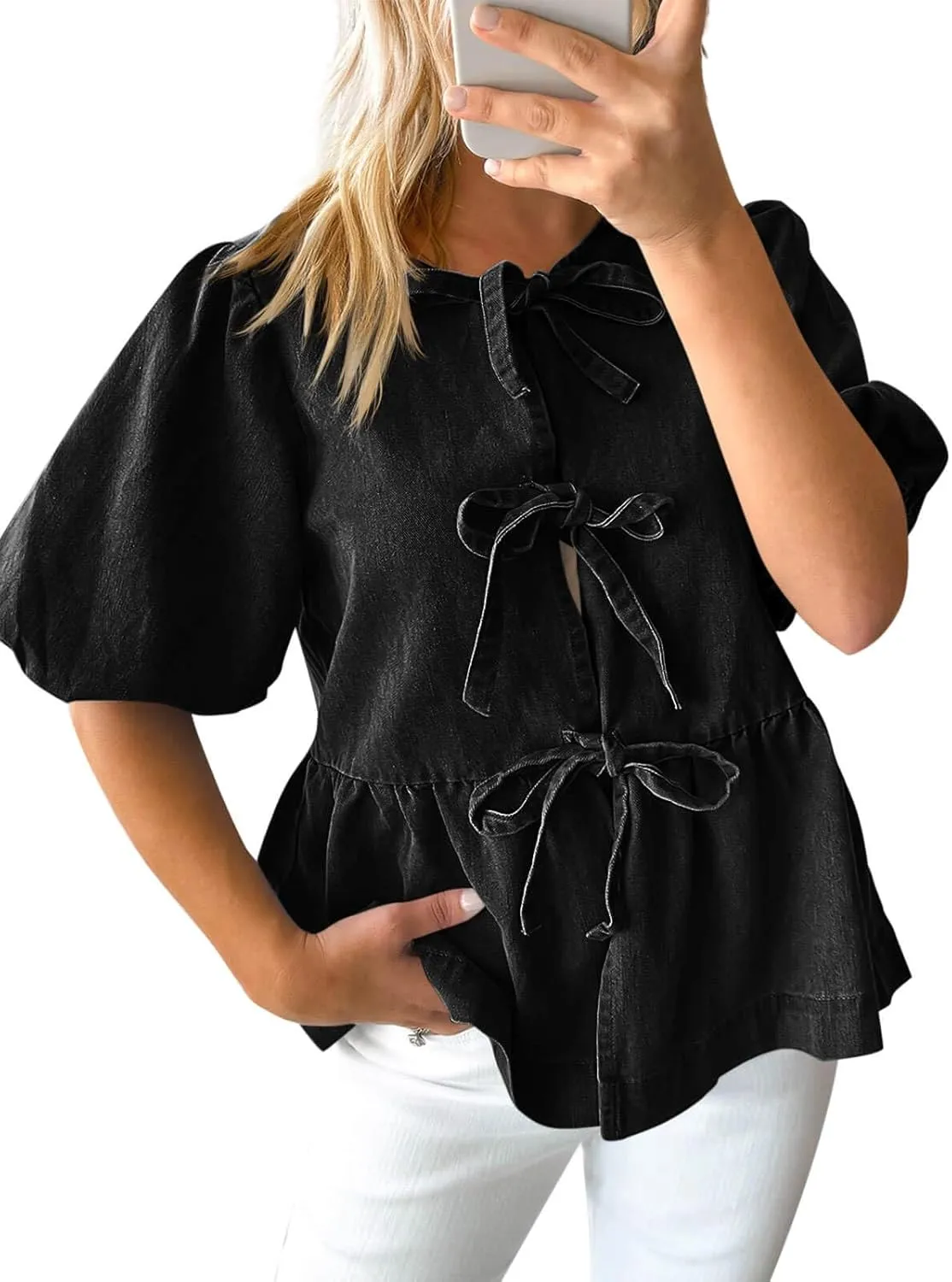 Tankaneo Womens Denim Tie Front Tops Babydoll Peplum Puff Sleeve Jean Shirts Crew Neck Summer Casual Bow Blouses