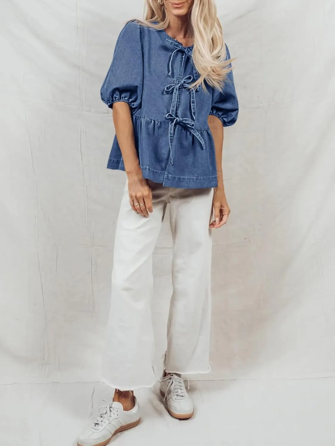 Tankaneo Womens Denim Tie Front Tops Babydoll Peplum Puff Sleeve Jean Shirts Crew Neck Summer Casual Bow Blouses