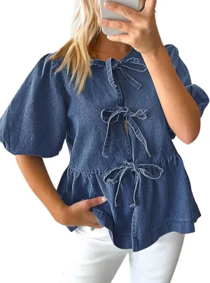 Tankaneo Womens Denim Tie Front Tops Babydoll Peplum Puff Sleeve Jean Shirts Crew Neck Summer Casual Bow Blouses