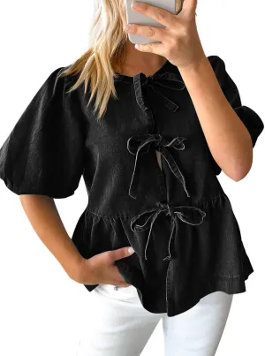 Tankaneo Womens Denim Tie Front Tops Babydoll Peplum Puff Sleeve Jean Shirts Crew Neck Summer Casual Bow Blouses