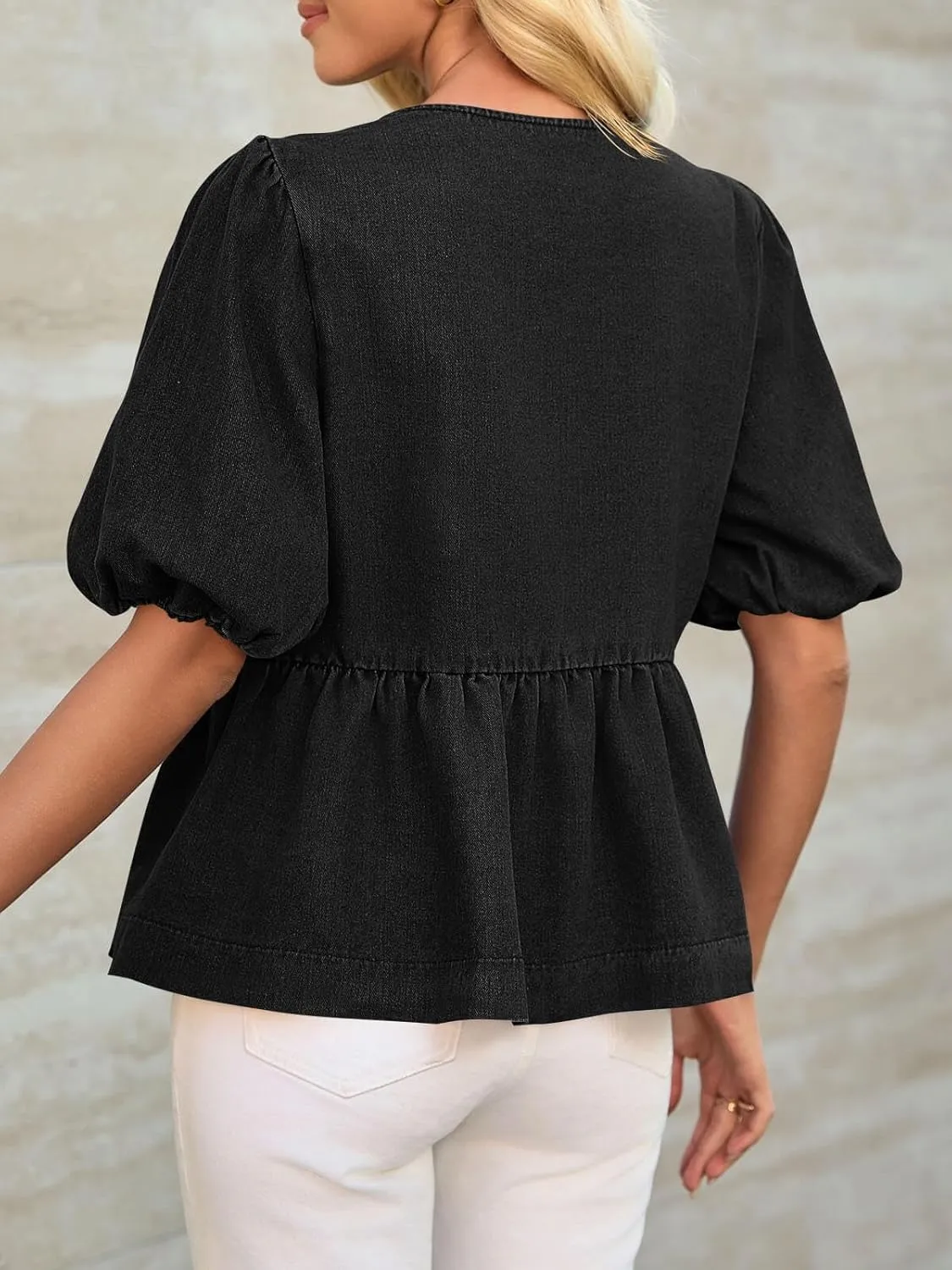 Tankaneo Womens Denim Tie Front Tops Babydoll Peplum Puff Sleeve Jean Shirts Crew Neck Summer Casual Bow Blouses
