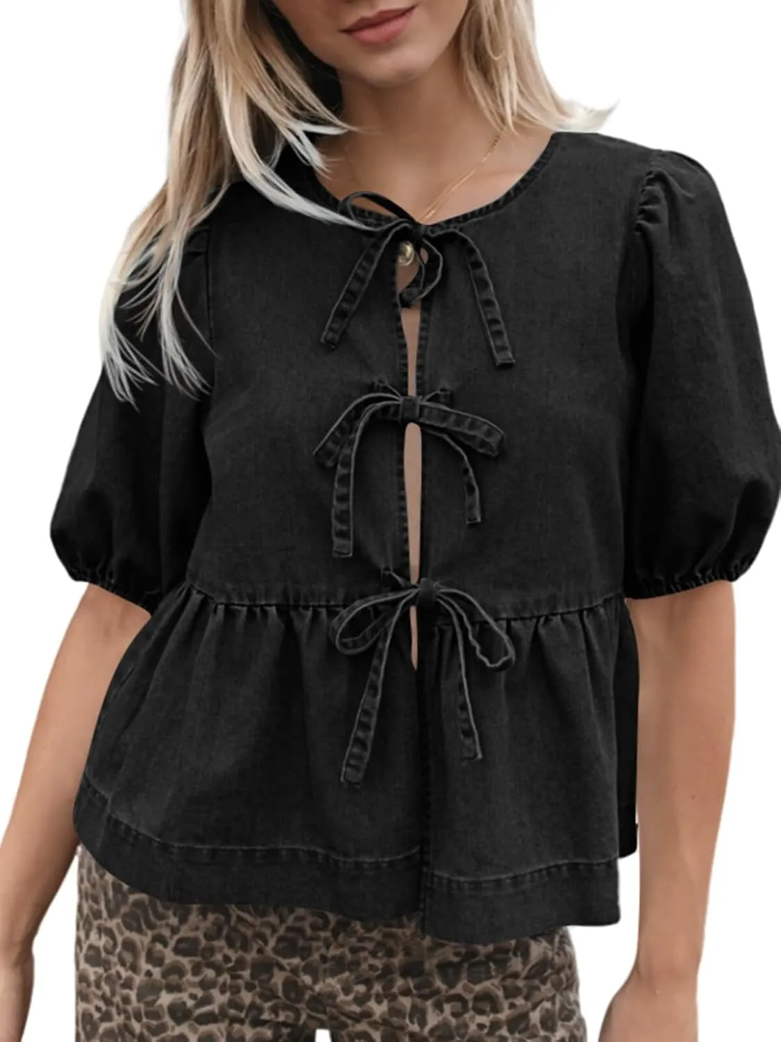 Tankaneo Womens Denim Tie Front Tops Babydoll Peplum Puff Sleeve Jean Shirts Crew Neck Summer Casual Bow Blouses