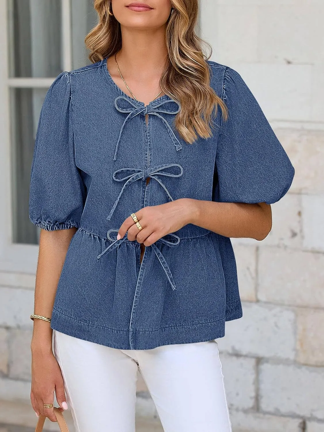 Tankaneo Womens Denim Tie Front Tops Babydoll Peplum Puff Sleeve Jean Shirts Crew Neck Summer Casual Bow Blouses