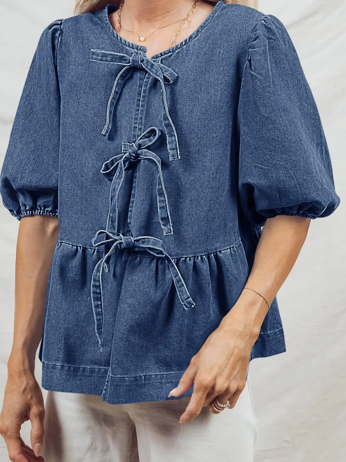 Tankaneo Womens Denim Tie Front Tops Babydoll Peplum Puff Sleeve Jean Shirts Crew Neck Summer Casual Bow Blouses