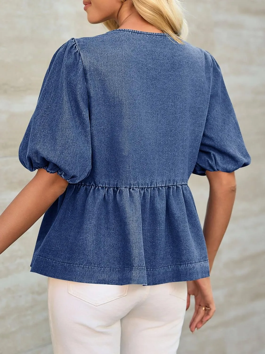 Tankaneo Womens Denim Tie Front Tops Babydoll Peplum Puff Sleeve Jean Shirts Crew Neck Summer Casual Bow Blouses