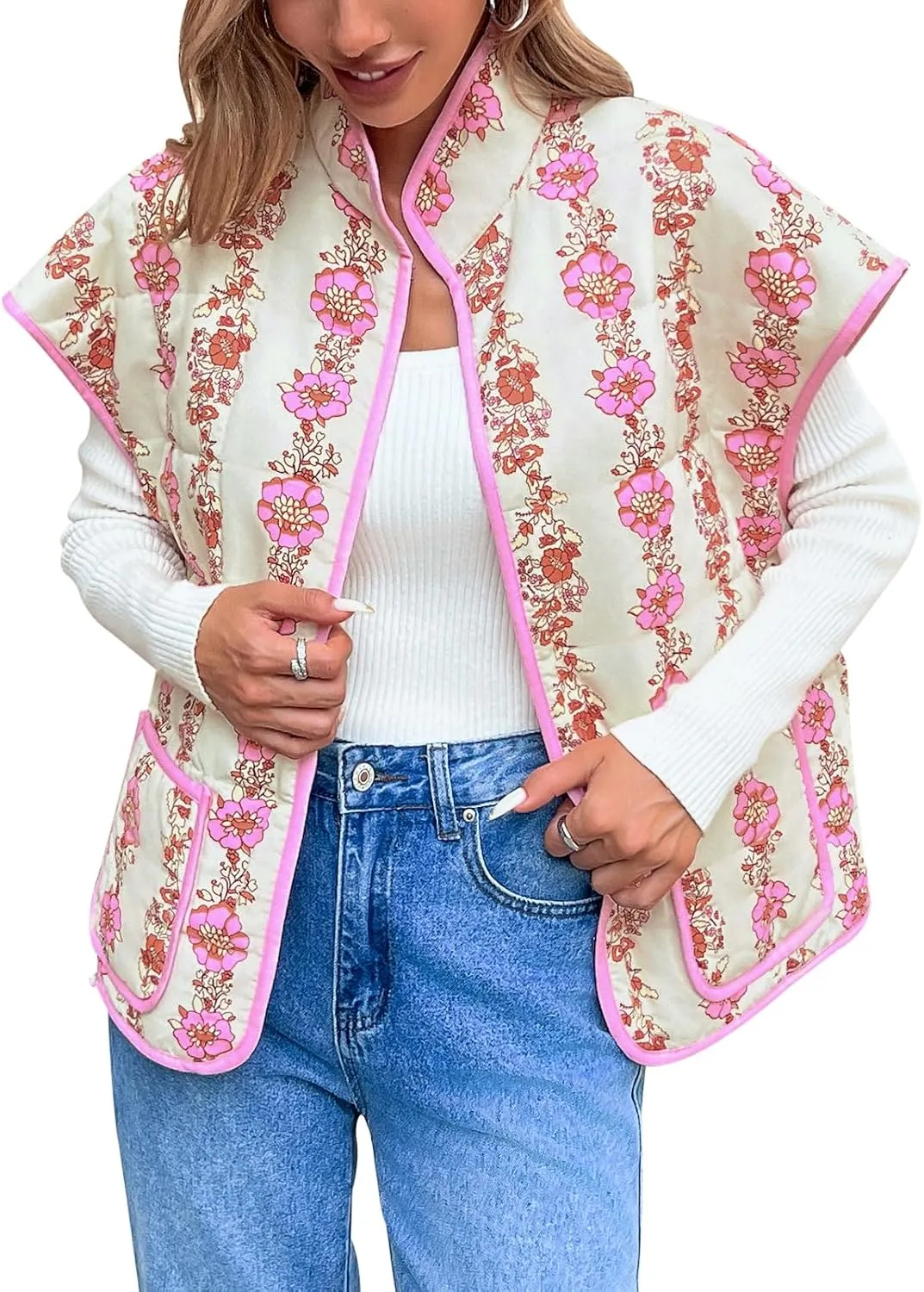 Tankaneo Womens Trendy Quilted Vests Outerwear Lightweight Floral Print Gilet Oversized Sleeveless Coats Jackets