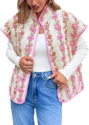 Tankaneo Womens Trendy Quilted Vests Outerwear Lightweight Floral Print Gilet Oversized Sleeveless Coats Jackets