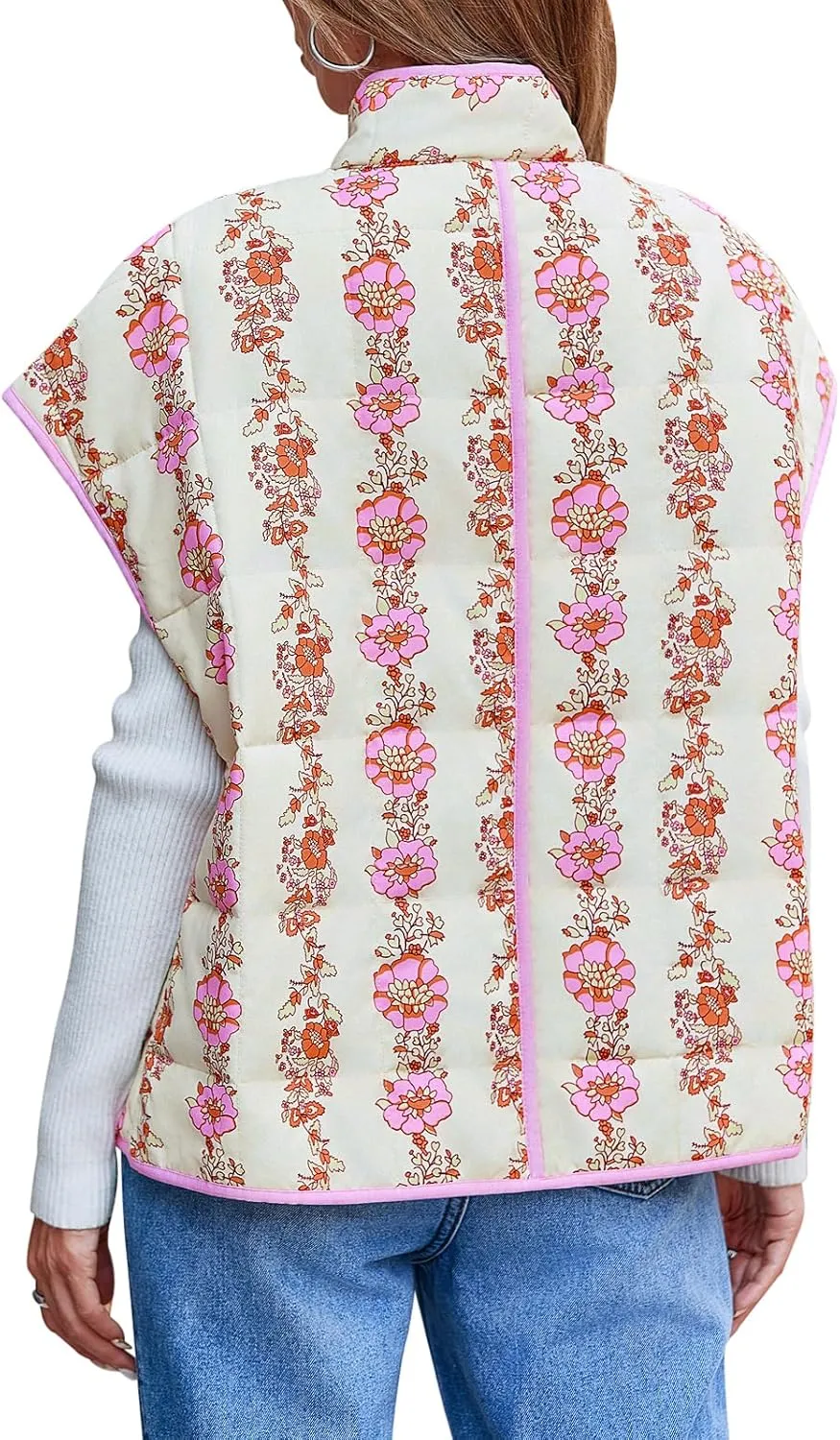 Tankaneo Womens Trendy Quilted Vests Outerwear Lightweight Floral Print Gilet Oversized Sleeveless Coats Jackets