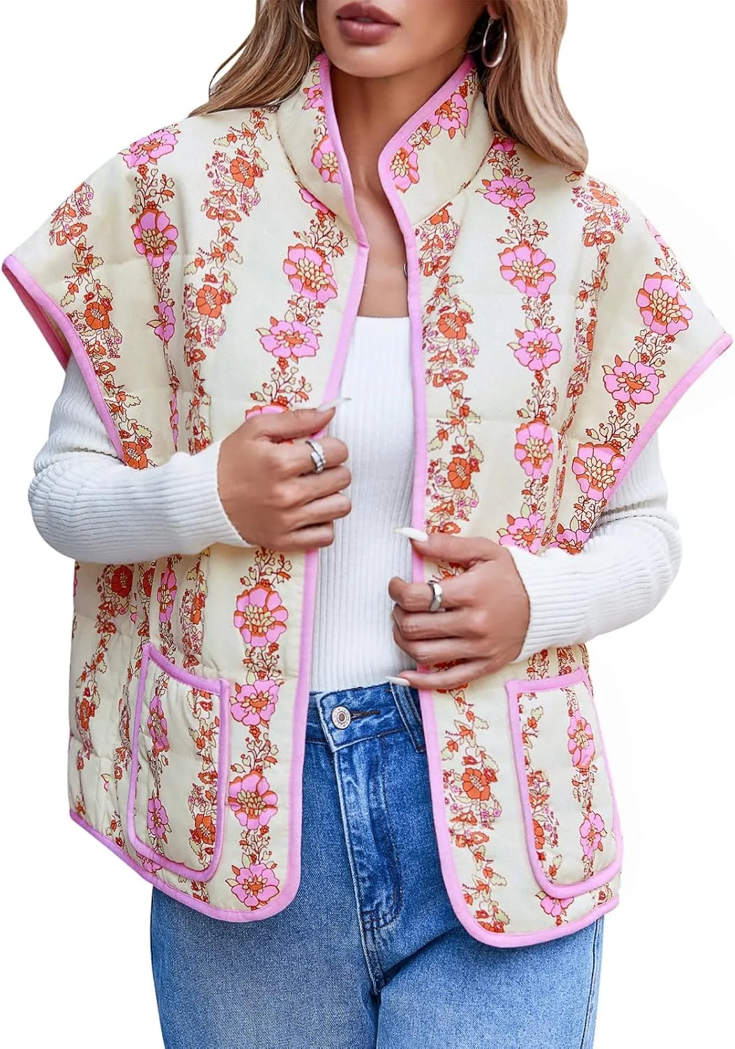 Tankaneo Womens Trendy Quilted Vests Outerwear Lightweight Floral Print Gilet Oversized Sleeveless Coats Jackets