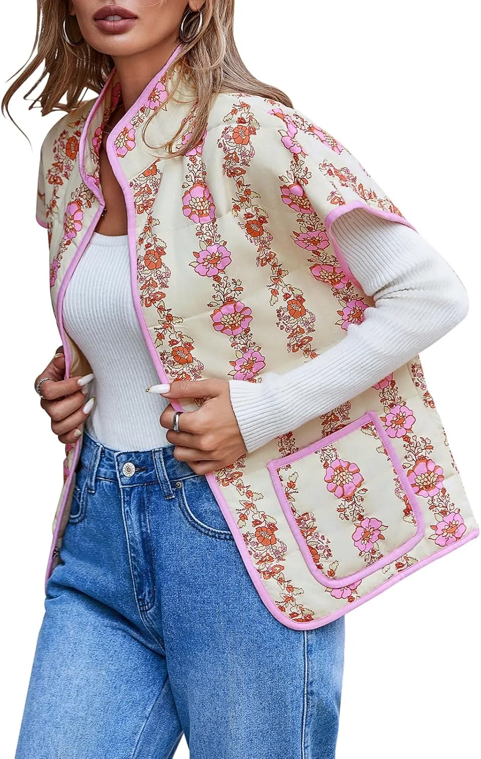 Tankaneo Womens Trendy Quilted Vests Outerwear Lightweight Floral Print Gilet Oversized Sleeveless Coats Jackets