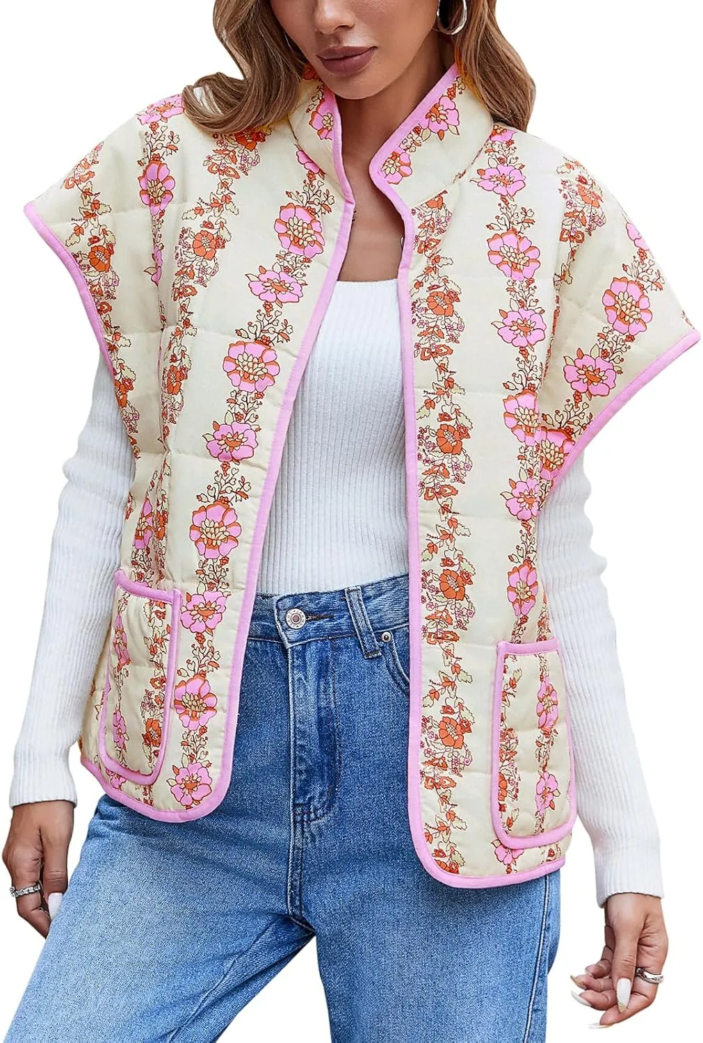 Tankaneo Womens Trendy Quilted Vests Outerwear Lightweight Floral Print Gilet Oversized Sleeveless Coats Jackets