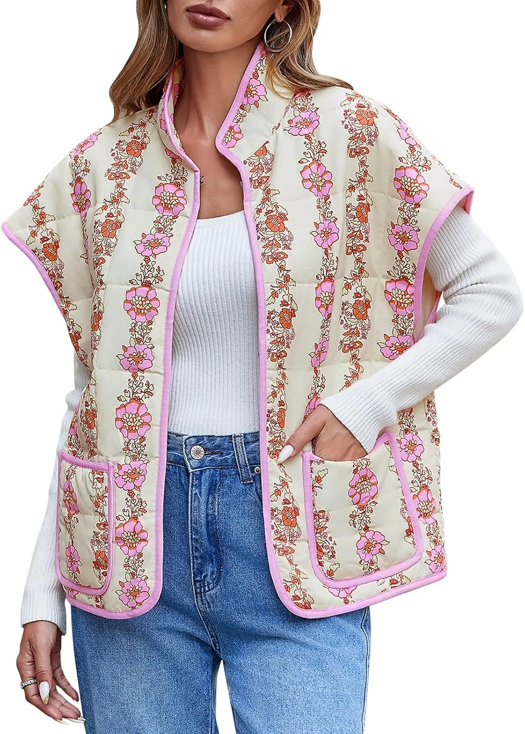 Tankaneo Womens Trendy Quilted Vests Outerwear Lightweight Floral Print Gilet Oversized Sleeveless Coats Jackets