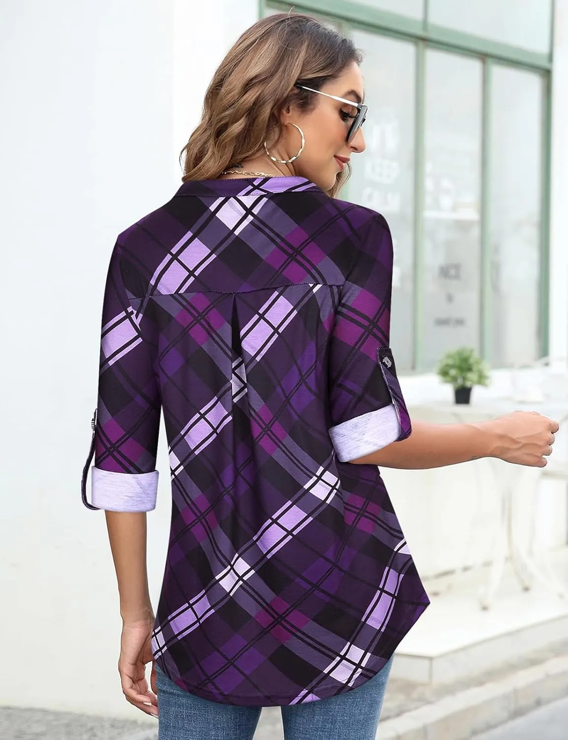 Tanst Sky Womens Casual Long Sleeve Zipped V Neck Plaid Tunic Blouses
