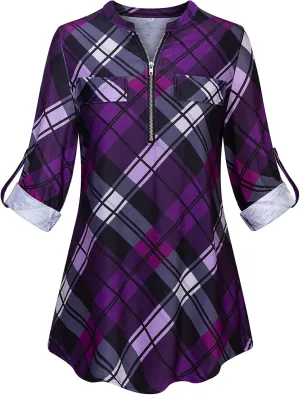 Tanst Sky Womens Casual Long Sleeve Zipped V Neck Plaid Tunic Blouses