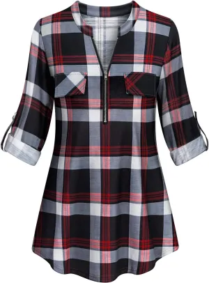 Tanst Sky Womens Casual Long Sleeve Zipped V Neck Plaid Tunic Blouses