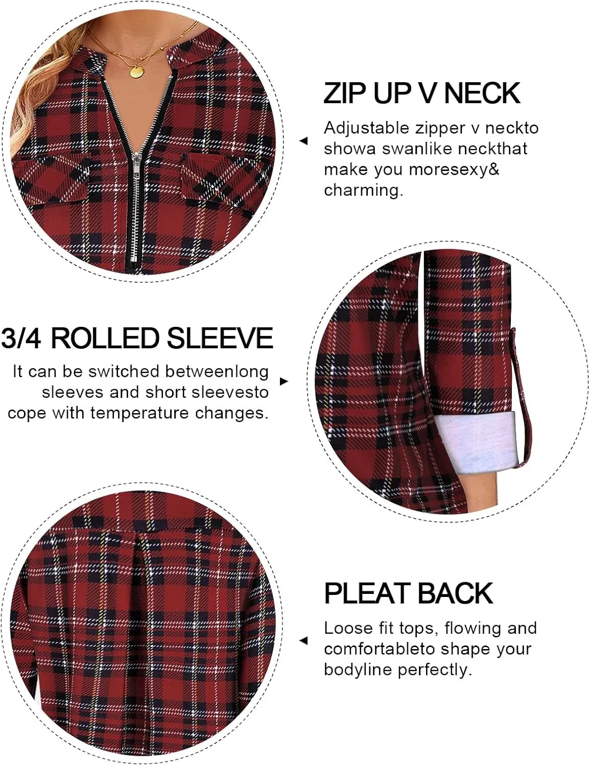 Tanst Sky Womens Casual Long Sleeve Zipped V Neck Plaid Tunic Blouses
