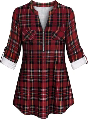 Tanst Sky Womens Casual Long Sleeve Zipped V Neck Plaid Tunic Blouses