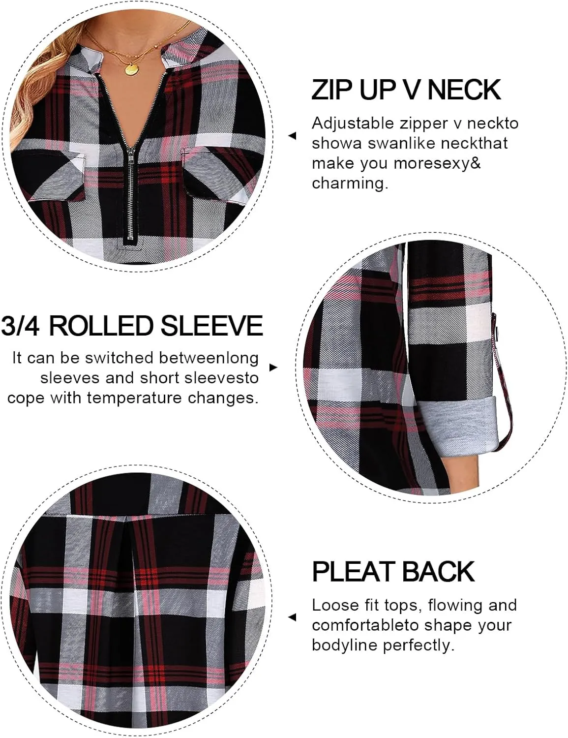 Tanst Sky Womens Casual Long Sleeve Zipped V Neck Plaid Tunic Blouses