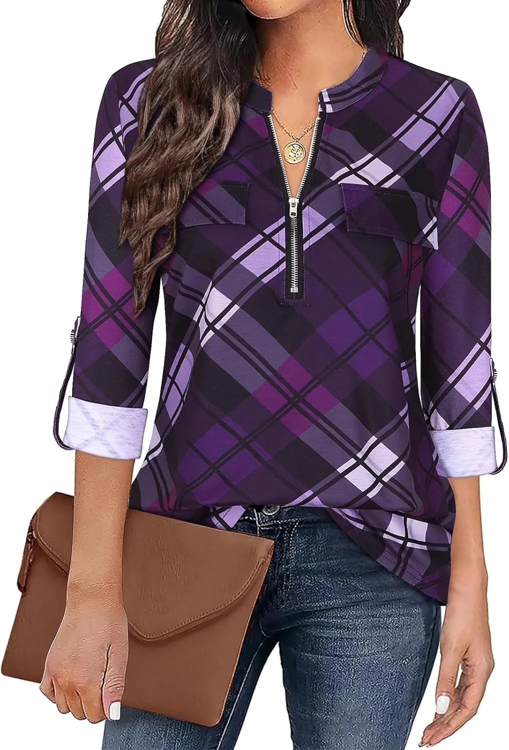 Tanst Sky Womens Casual Long Sleeve Zipped V Neck Plaid Tunic Blouses