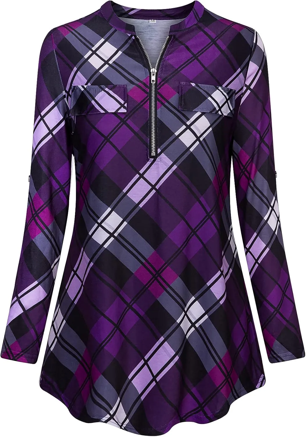 Tanst Sky Womens Casual Long Sleeve Zipped V Neck Plaid Tunic Blouses