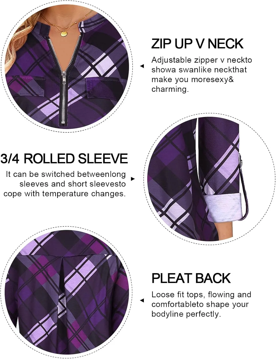 Tanst Sky Womens Casual Long Sleeve Zipped V Neck Plaid Tunic Blouses