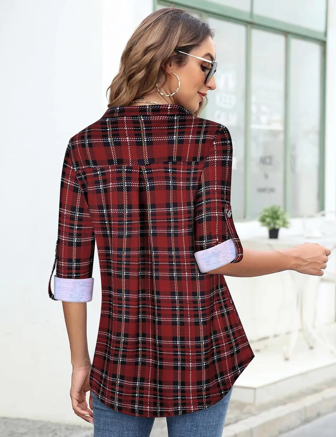 Tanst Sky Womens Casual Long Sleeve Zipped V Neck Plaid Tunic Blouses