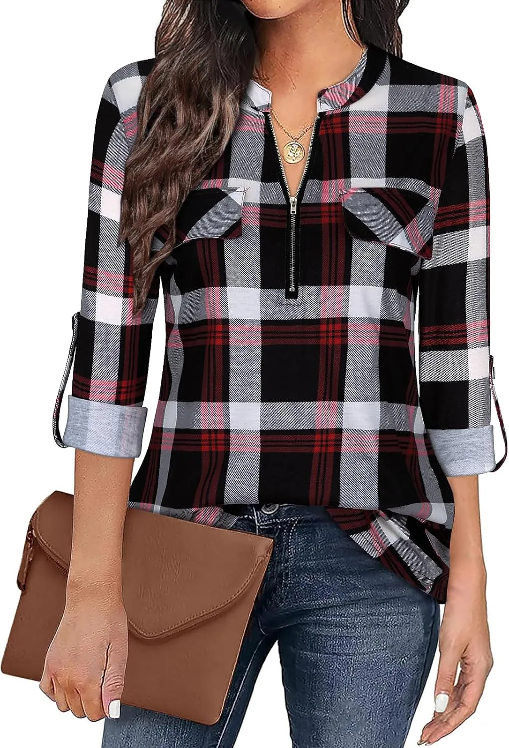 Tanst Sky Womens Casual Long Sleeve Zipped V Neck Plaid Tunic Blouses