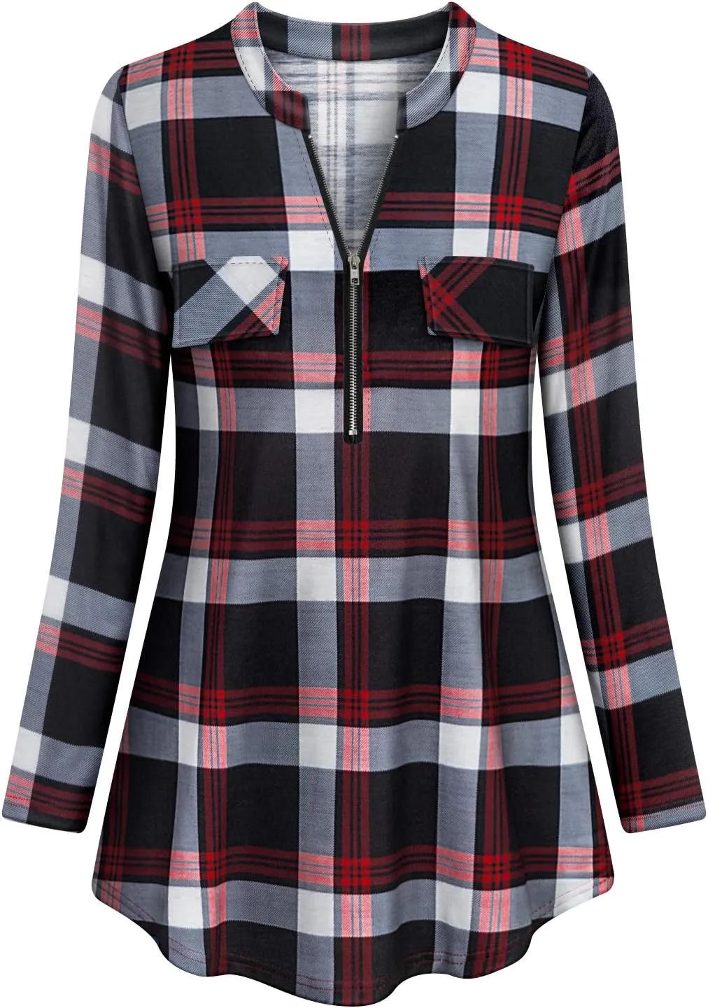 Tanst Sky Womens Casual Long Sleeve Zipped V Neck Plaid Tunic Blouses