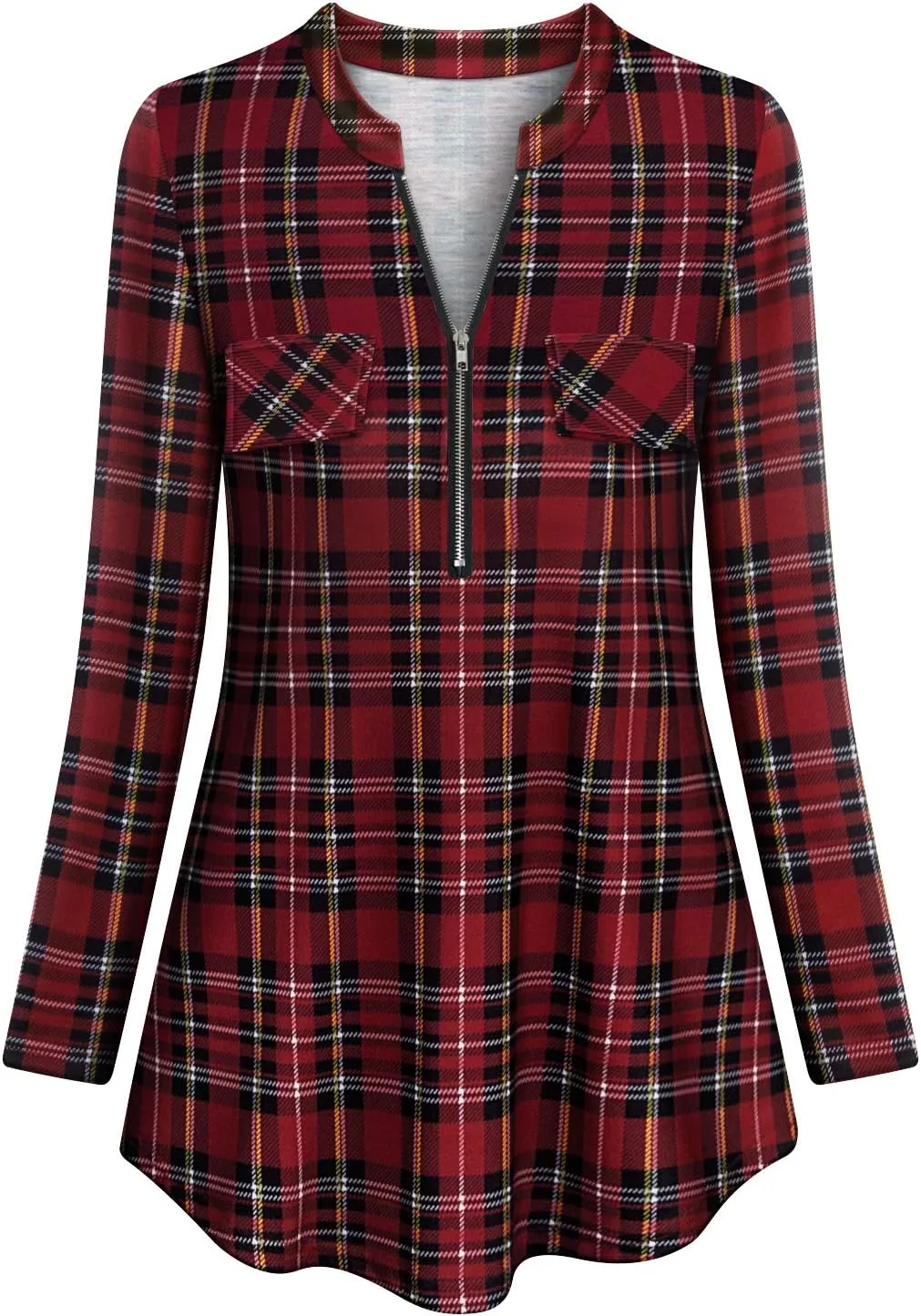 Tanst Sky Womens Casual Long Sleeve Zipped V Neck Plaid Tunic Blouses