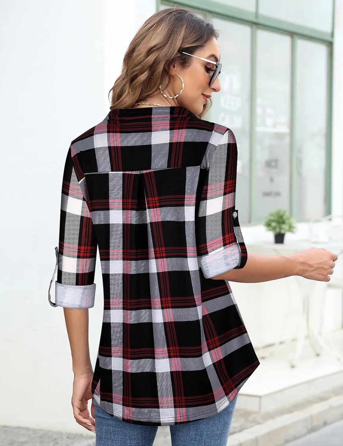 Tanst Sky Womens Casual Long Sleeve Zipped V Neck Plaid Tunic Blouses