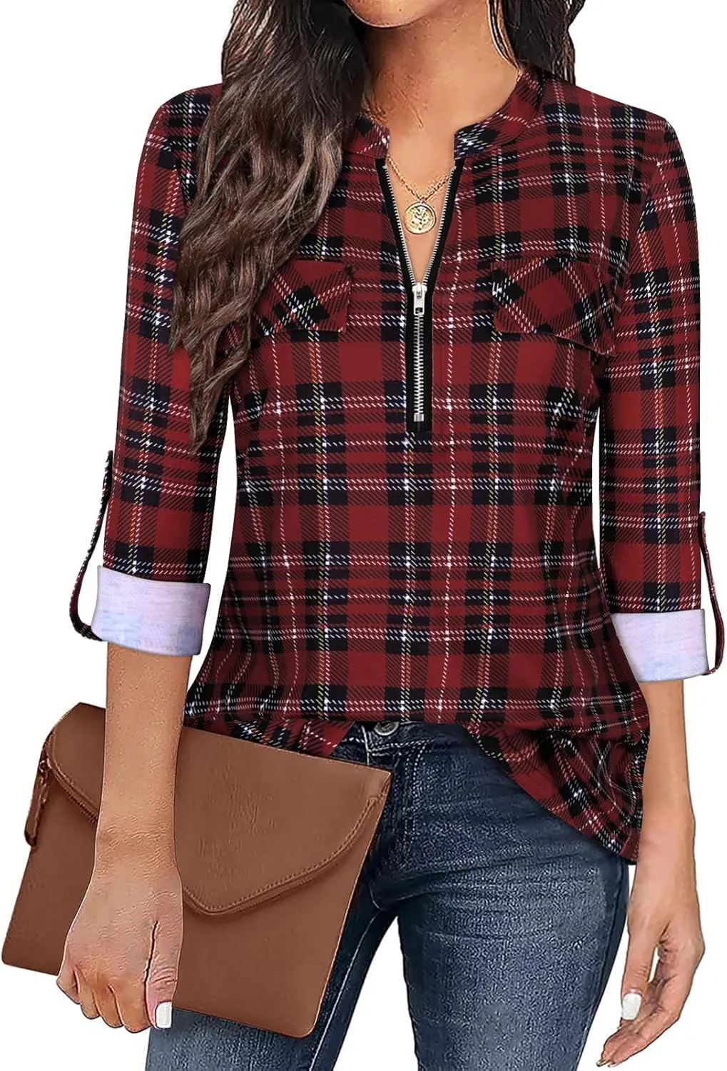 Tanst Sky Womens Casual Long Sleeve Zipped V Neck Plaid Tunic Blouses