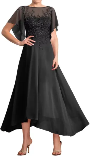 Tea Length Mother of The Bride Dresses for Wedding Lace Appliques Wedding Dresses for Bride with Flutter Sleeve