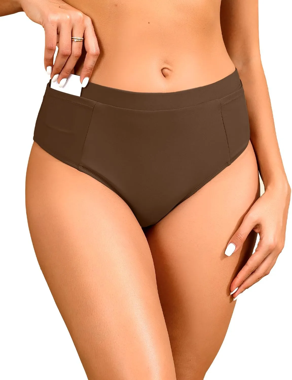 Tempt Me Mid Waist Bikini Bottoms-Full Coverage Bathing Suit Bottom with Pockets
