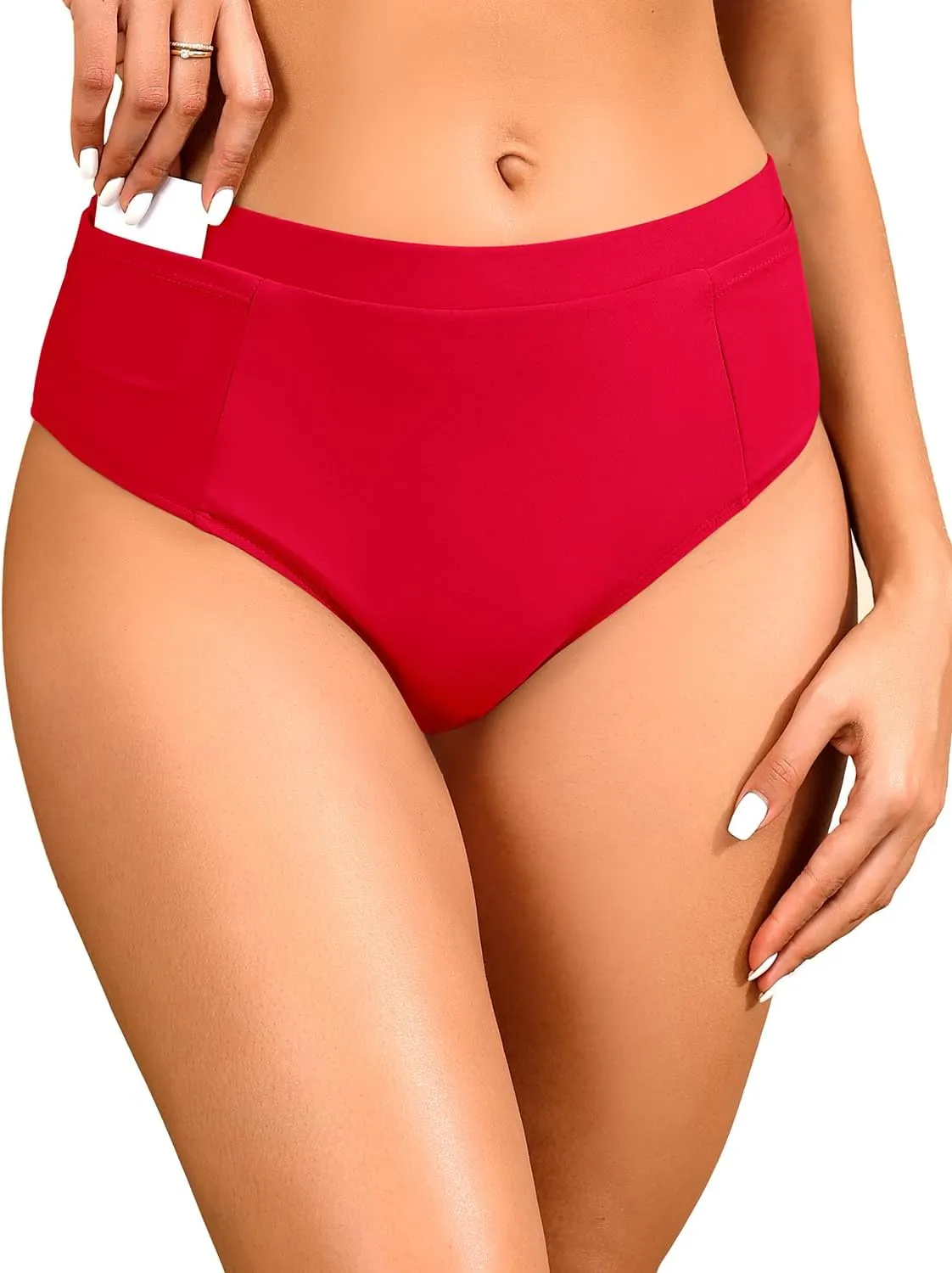 Tempt Me Mid Waist Bikini Bottoms-Full Coverage Bathing Suit Bottom with Pockets