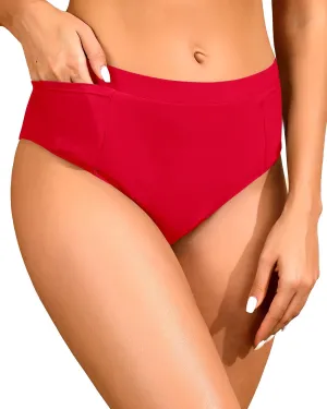 Tempt Me Mid Waist Bikini Bottoms-Full Coverage Bathing Suit Bottom with Pockets